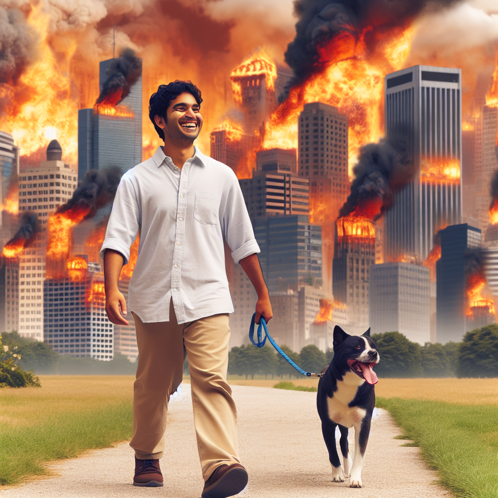 Man walking his dog smiling while world burns behind him Blank Meme Template