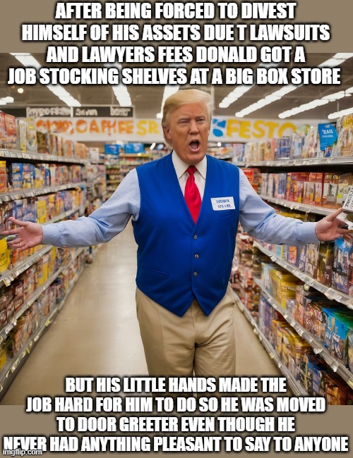 Associate Don | AFTER BEING FORCED TO DIVEST HIMSELF OF HIS ASSETS DUE T LAWSUITS AND LAWYERS FEES DONALD GOT A JOB STOCKING SHELVES AT A BIG BOX STORE; BUT HIS LITTLE HANDS MADE THE JOB HARD FOR HIM TO DO SO HE WAS MOVED TO DOOR GREETER EVEN THOUGH HE NEVER HAD ANYTHING PLEASANT TO SAY TO ANYONE | image tagged in donald trump,big box store | made w/ Imgflip meme maker