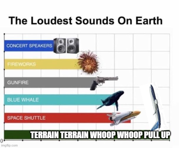 Only pilots will understand | TERRAIN TERRAIN WHOOP WHOOP PULL UP | image tagged in the loudest sounds on earth | made w/ Imgflip meme maker
