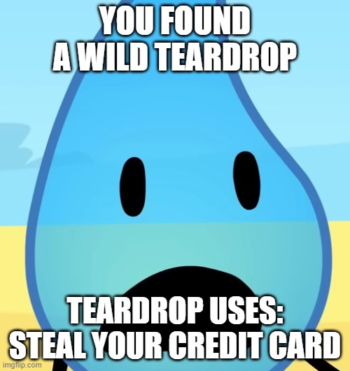 Oh nooooooooooooooooooooooooooooooooooooooooooooooooooooooooooooo | YOU FOUND A WILD TEARDROP; TEARDROP USES: STEAL YOUR CREDIT CARD | image tagged in flabbergasted teardrop | made w/ Imgflip meme maker