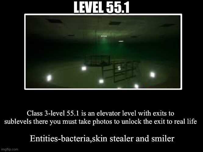 All Endings | LEVEL 55.1; Class 3-level 55.1 is an elevator level with exits to sublevels there you must take photos to unlock the exit to real life; Entities-bacteria,skin stealer and smiler | image tagged in all endings | made w/ Imgflip meme maker