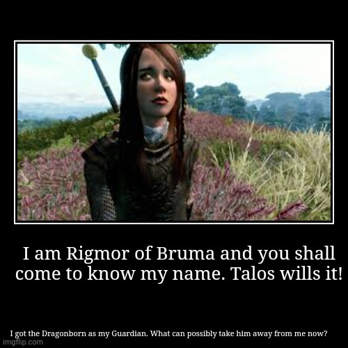 Rigmor Quote | I am Rigmor of Bruma and you shall come to know my name. Talos wills it! | I got the Dragonborn as my Guardian. What can possibly take him a | image tagged in skyrim,elder scrolls | made w/ Imgflip demotivational maker