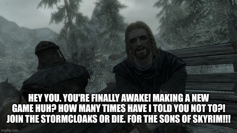 Ralof being smart | HEY YOU. YOU'RE FINALLY AWAKE! MAKING A NEW GAME HUH? HOW MANY TIMES HAVE I TOLD YOU NOT TO?! JOIN THE STORMCLOAKS OR DIE. FOR THE SONS OF SKYRIM!!! | image tagged in skyrim intro meme | made w/ Imgflip meme maker