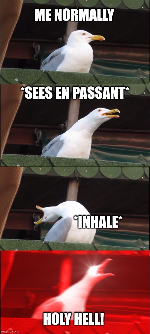 Image Title | ME NORMALLY; *SEES EN PASSANT*; *INHALE*; HOLY HELL! | image tagged in memes,inhaling seagull,google en passant,anarchychess | made w/ Imgflip meme maker