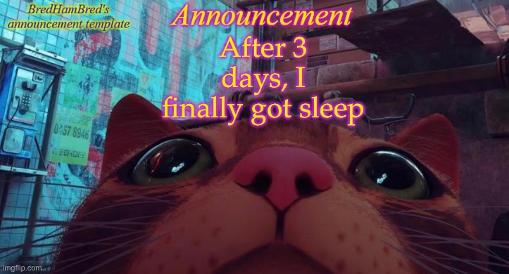 BredHamBred's announcement temp | After 3 days, I finally got sleep | image tagged in bredhambred's announcement temp | made w/ Imgflip meme maker