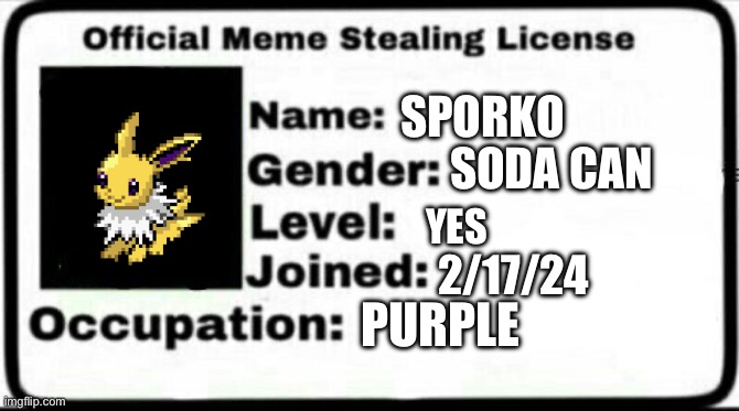 Meme Stealing License | SPORKO; SODA CAN; YES; 2/17/24; PURPLE | image tagged in meme stealing license | made w/ Imgflip meme maker