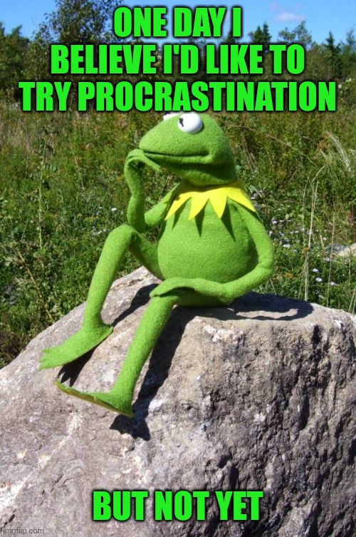 Kermit-thinking | ONE DAY I BELIEVE I'D LIKE TO TRY PROCRASTINATION; BUT NOT YET | image tagged in kermit-thinking | made w/ Imgflip meme maker
