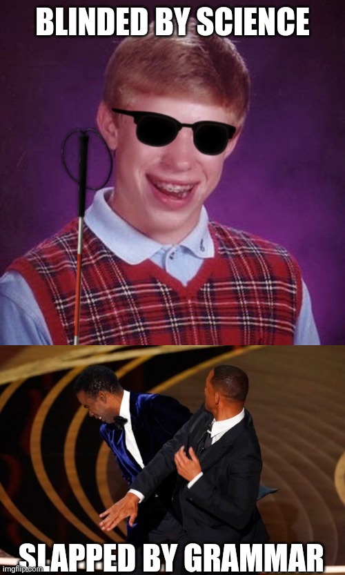 BLINDED BY SCIENCE SLAPPED BY GRAMMAR | image tagged in bad luck brian blind,will smith slap | made w/ Imgflip meme maker