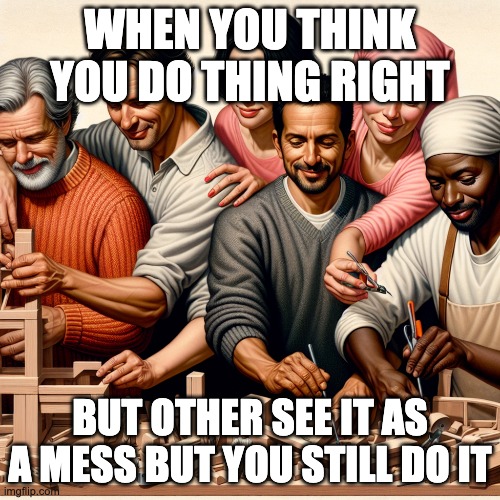 when you think you do thing right | WHEN YOU THINK YOU DO THING RIGHT; BUT OTHER SEE IT AS A MESS BUT YOU STILL DO IT | image tagged in memes,funny,thoughts | made w/ Imgflip meme maker