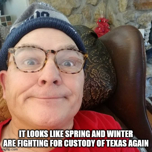 Durl Earl | IT LOOKS LIKE SPRING AND WINTER ARE FIGHTING FOR CUSTODY OF TEXAS AGAIN | image tagged in durl earl | made w/ Imgflip meme maker