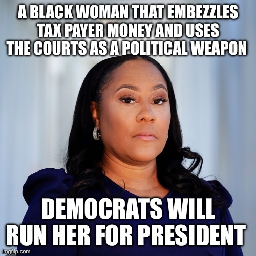 Fani be tender | A BLACK WOMAN THAT EMBEZZLES TAX PAYER MONEY AND USES THE COURTS AS A POLITICAL WEAPON; DEMOCRATS WILL RUN HER FOR PRESIDENT | image tagged in fani willis,memes,funny | made w/ Imgflip meme maker