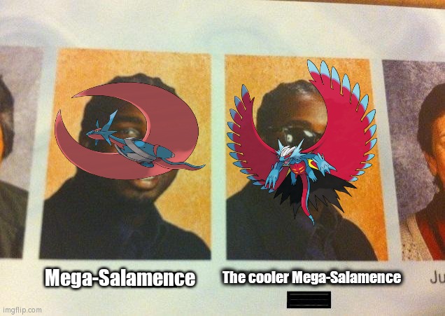 Maybe it's me, but Roaring Moon looks cooler than Mega-Salamence. | Mega-Salamence; The cooler Mega-Salamence | image tagged in the cooler daniel,memes,funny,salamence | made w/ Imgflip meme maker