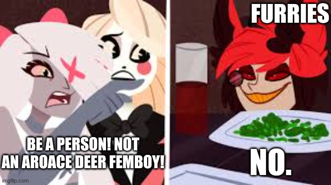 I'm new. (I don't know who made the art sry) | FURRIES; BE A PERSON! NOT AN AROACE DEER FEMBOY! NO. | image tagged in hazbin hotel cat meme,furries | made w/ Imgflip meme maker