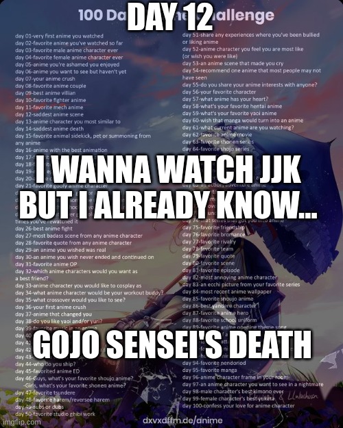 day 12 | DAY 12; I WANNA WATCH JJK BUT I ALREADY KNOW... GOJO SENSEI'S DEATH | image tagged in 100 day anime challenge,jjk,anime | made w/ Imgflip meme maker