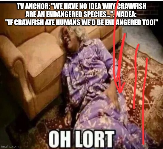Madea snow  | TV ANCHOR: "WE HAVE NO IDEA WHY CRAWFISH ARE AN ENDANGERED SPECIES...". MADEA:  "IF CRAWFISH ATE HUMANS WE'D BE ENDANGERED TOO!" | image tagged in madea snow,over,fishing,reason | made w/ Imgflip meme maker