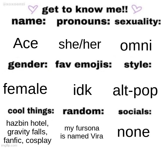 get to know me but better | Ace; she/her; omni; idk; alt-pop; female; none; my fursona is named Vira; hazbin hotel, gravity falls, fanfic, cosplay | image tagged in get to know me but better | made w/ Imgflip meme maker