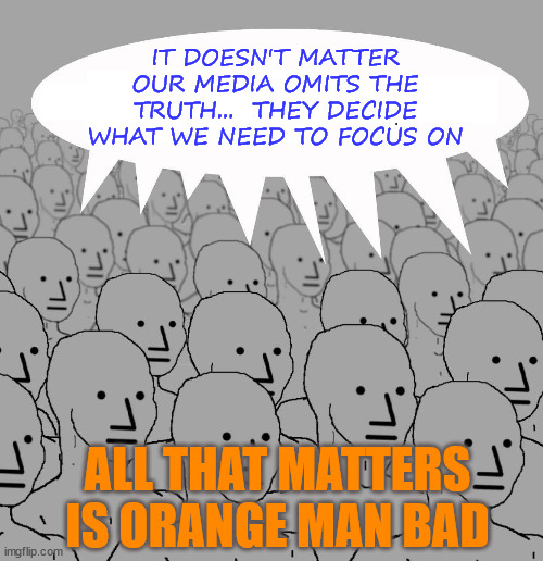 It's a cult... | IT DOESN'T MATTER OUR MEDIA OMITS THE TRUTH...  THEY DECIDE WHAT WE NEED TO FOCUS ON; ALL THAT MATTERS IS ORANGE MAN BAD | image tagged in npc,liberal,mainstream media,parrots,spread the lies | made w/ Imgflip meme maker