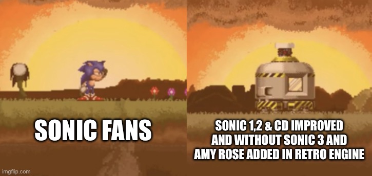 Sonic Fans.. | SONIC FANS; SONIC 1,2 & CD IMPROVED AND WITHOUT SONIC 3 AND AMY ROSE ADDED IN RETRO ENGINE | image tagged in sonic eyx game with sonic looking at something | made w/ Imgflip meme maker