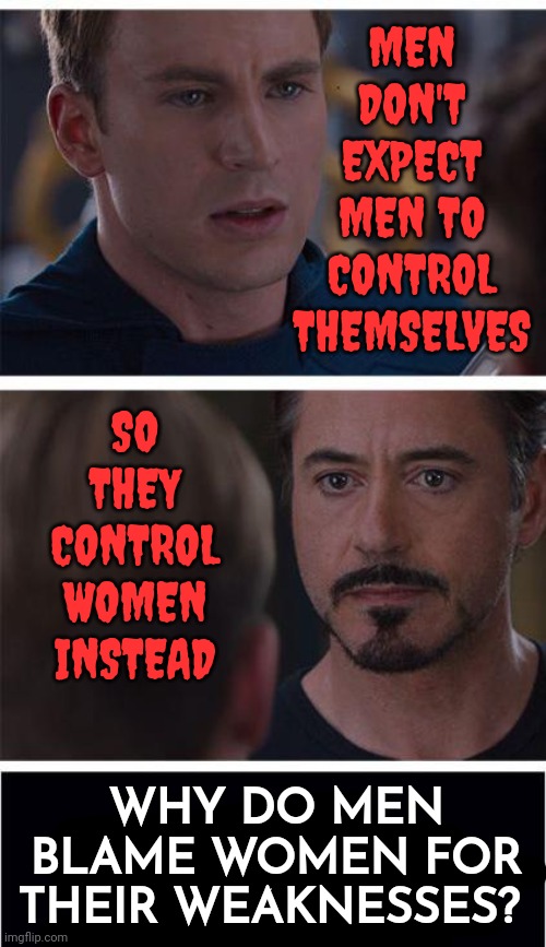 Women vs Men | MEN DON'T EXPECT MEN TO CONTROL THEMSELVES; SO THEY CONTROL WOMEN INSTEAD; WHY DO MEN BLAME WOMEN FOR THEIR WEAKNESSES? | image tagged in memes,marvel civil war 1,women vs men,strong women,intelligent women,some men just want to watch the world burn | made w/ Imgflip meme maker