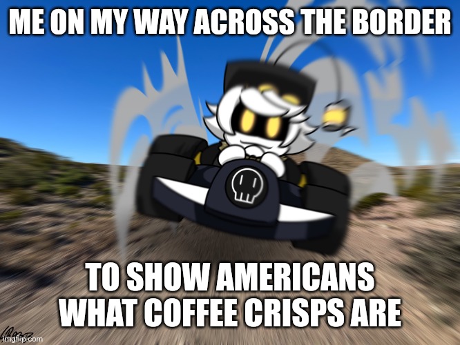 N driving a car at you | ME ON MY WAY ACROSS THE BORDER; TO SHOW AMERICANS WHAT COFFEE CRISPS ARE | image tagged in n driving a car at you | made w/ Imgflip meme maker