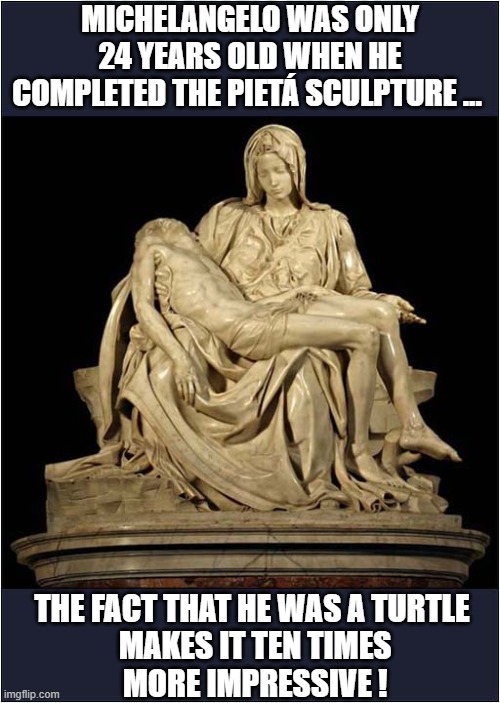 An Amazing Sculpture ! | MICHELANGELO WAS ONLY 24 YEARS OLD WHEN HE COMPLETED THE PIETÁ SCULPTURE ... THE FACT THAT HE WAS A TURTLE 
MAKES IT TEN TIMES
MORE IMPRESSIVE ! | image tagged in michelangelo,sculpture,teen age mutant ninja turtle | made w/ Imgflip meme maker
