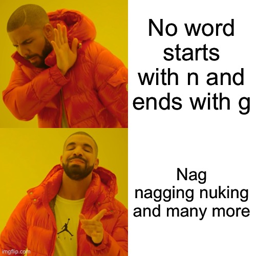 This proves one of the posts in the stream wrong | No word starts with n and ends with g; Nag nagging nuking and many more | image tagged in memes,drake hotline bling | made w/ Imgflip meme maker