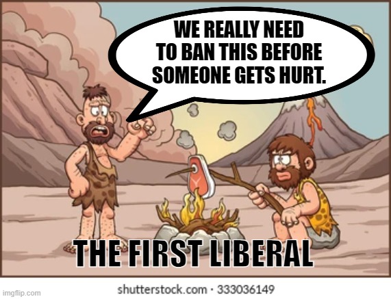 The First Liberal | WE REALLY NEED TO BAN THIS BEFORE SOMEONE GETS HURT. THE FIRST LIBERAL | image tagged in liberal,fire,caveman,cavemen | made w/ Imgflip meme maker