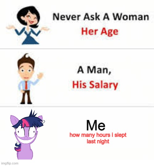 Dont ask! | Me; how many hours i slept
last night | image tagged in never ask a woman her age | made w/ Imgflip meme maker
