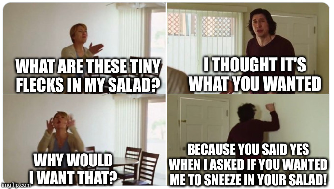 Marriage Story | WHAT ARE THESE TINY
FLECKS IN MY SALAD? I THOUGHT IT'S WHAT YOU WANTED WHY WOULD I WANT THAT? BECAUSE YOU SAID YES WHEN I ASKED IF YOU WANTE | image tagged in marriage story | made w/ Imgflip meme maker