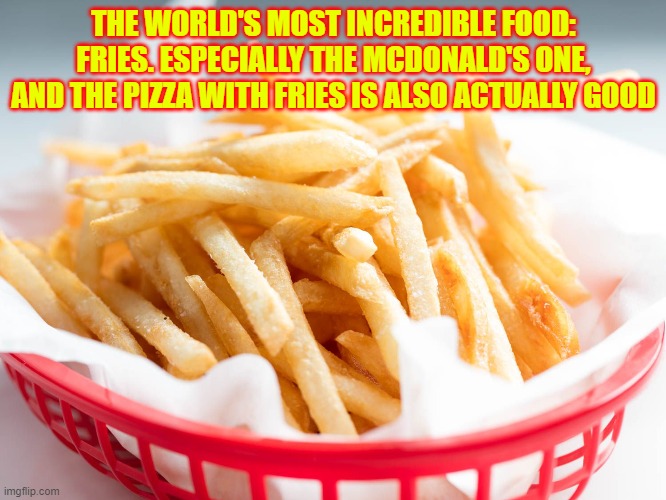 Lol | THE WORLD'S MOST INCREDIBLE FOOD: FRIES. ESPECIALLY THE MCDONALD'S ONE, AND THE PIZZA WITH FRIES IS ALSO ACTUALLY GOOD | made w/ Imgflip meme maker