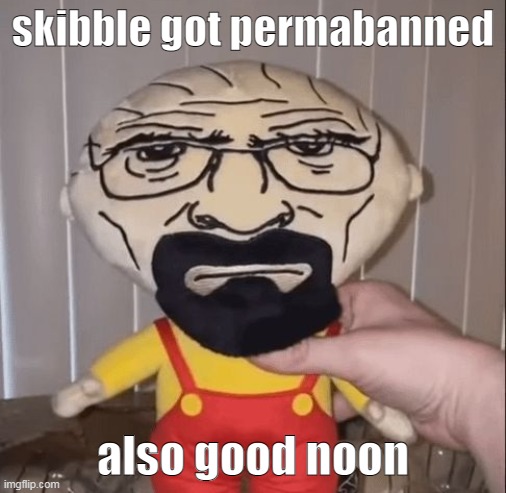 stewie white | skibble got permabanned; also good noon | image tagged in stewie white | made w/ Imgflip meme maker