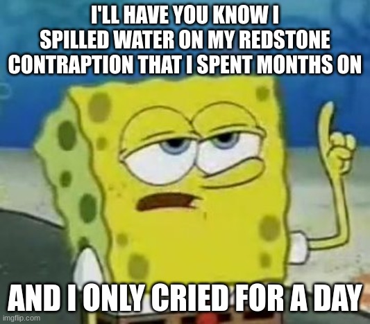I'll Have You Know Spongebob Meme | I'LL HAVE YOU KNOW I SPILLED WATER ON MY REDSTONE CONTRAPTION THAT I SPENT MONTHS ON; AND I ONLY CRIED FOR A DAY | image tagged in memes,i'll have you know spongebob | made w/ Imgflip meme maker