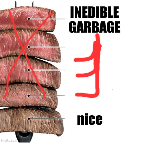 Steak | INEDIBLE GARBAGE; nice | image tagged in steak | made w/ Imgflip meme maker