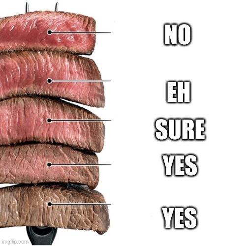 Steak | NO; EH; SURE; YES; YES | image tagged in steak | made w/ Imgflip meme maker