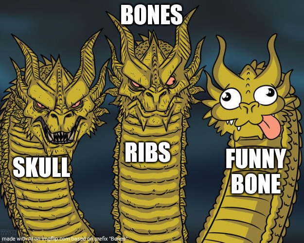 OH GOD DONT FEATURE THIS PUT THIS IN AI MEMES | BONES; RIBS; FUNNY BONE; SKULL | image tagged in three-headed dragon | made w/ Imgflip meme maker
