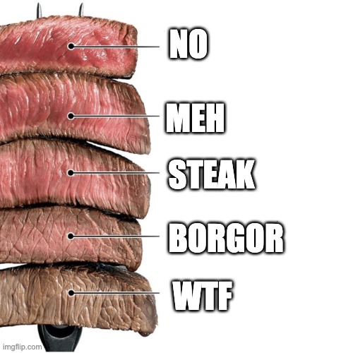 Steak | NO; MEH; STEAK; BORGOR; WTF | image tagged in steak | made w/ Imgflip meme maker