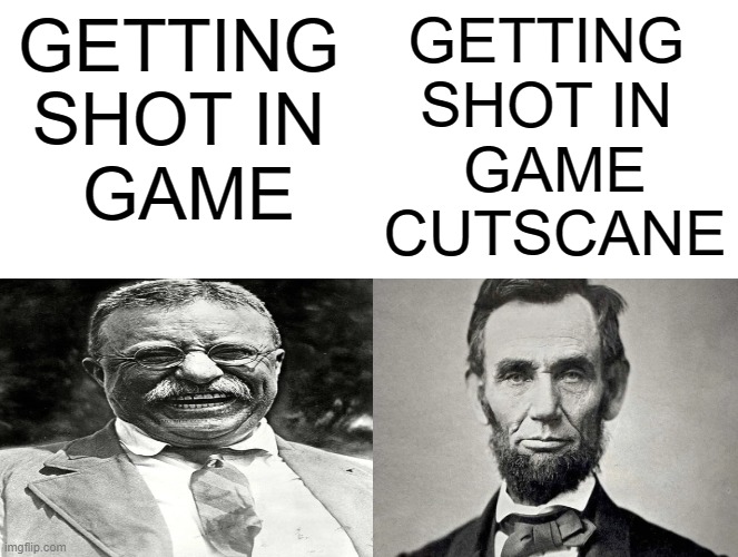 Waltuh | GETTING 
SHOT IN 
GAME; GETTING 
SHOT IN 
GAME CUTSCANE | image tagged in blank comic panel 2x2,history,historical meme,abraham lincoln,theodore roosvelt,video games | made w/ Imgflip meme maker