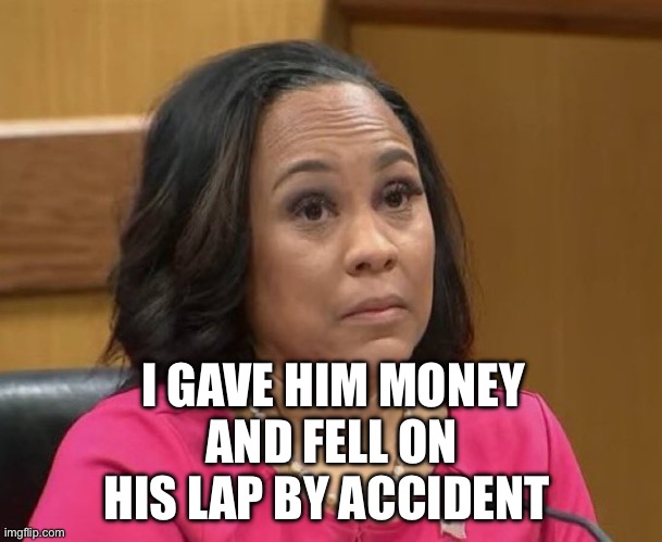 fani willis eyebrows | I GAVE HIM MONEY; AND FELL ON HIS LAP BY ACCIDENT | image tagged in fani willis eyebrows | made w/ Imgflip meme maker