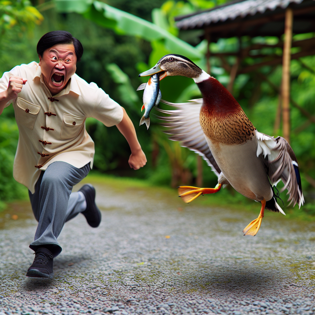 chinese man running after duck, duck runs with fish and the chin Blank Meme Template