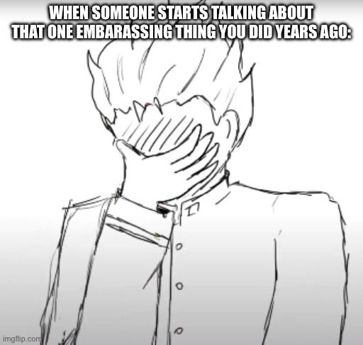 Embarassing | WHEN SOMEONE STARTS TALKING ABOUT THAT ONE EMBARASSING THING YOU DID YEARS AGO: | image tagged in embarassing | made w/ Imgflip meme maker
