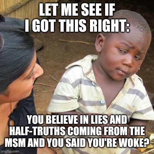 Everything They Say is True | LET ME SEE IF I GOT THIS RIGHT:; YOU BELIEVE IN LIES AND HALF-TRUTHS COMING FROM THE MSM AND YOU SAID YOU'RE WOKE? | image tagged in memes,third world skeptical kid,politics | made w/ Imgflip meme maker