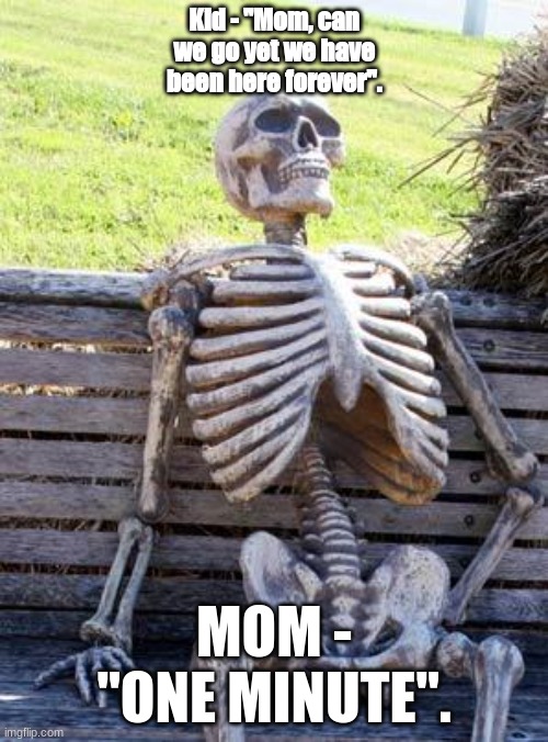 mom | Kid - "Mom, can we go yet we have been here forever". MOM - "ONE MINUTE". | image tagged in memes,waiting skeleton | made w/ Imgflip meme maker