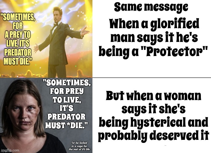 We Live In A Bullspit Society | Same message; When a glorified man says it he's being a "Protector"; But when a woman says it she's being hysterical and probably deserved it | image tagged in memes,tuxedo winnie the pooh,domestic abuse,domestic violence,toxic masculinity,malignant narcissism | made w/ Imgflip meme maker