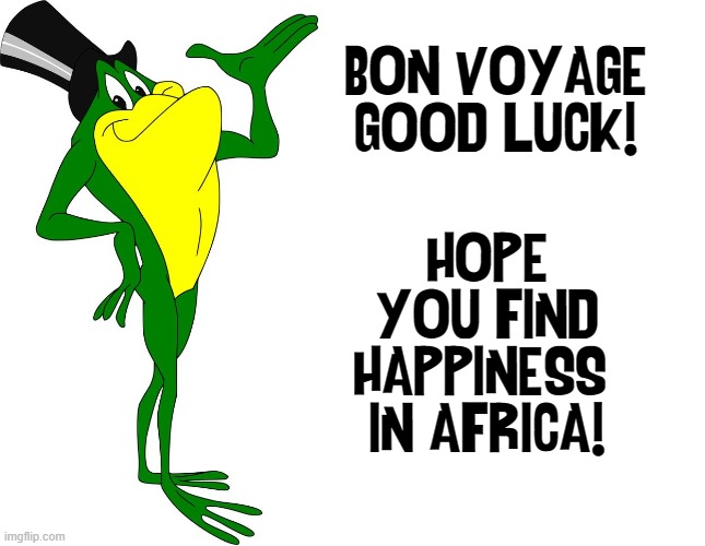 BON VOYAGE
GOOD LUCK! HOPE
YOU FIND
HAPPINESS 
IN AFRICA! | made w/ Imgflip meme maker