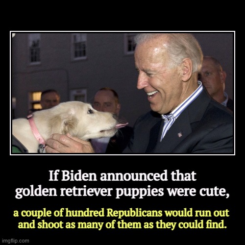 They'd hunt them down to extinction. Oh yes they would. | If Biden announced that golden retriever puppies were cute, | a couple of hundred Republicans would run out 
and shoot as many of them as th | image tagged in funny,demotivationals,biden,puppies,republicans,kill | made w/ Imgflip demotivational maker