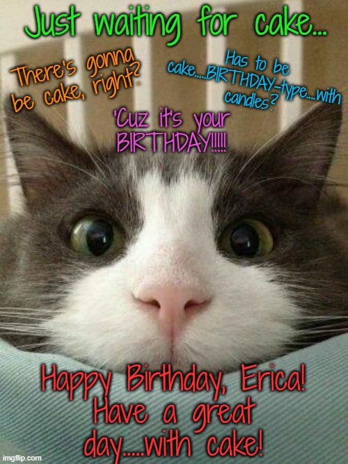 Hello Kitty Cat | Just waiting for cake... Has to be cake.....BIRTHDAY-type....with candles? There's gonna be cake, right? 'Cuz it's your BIRTHDAY!!!!! Happy Birthday, Erica!
Have a great day.....with cake! | image tagged in hello kitty cat | made w/ Imgflip meme maker