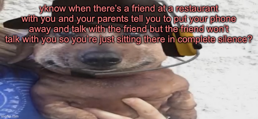 chucklenuts | yknow when there’s a friend at a restaurant with you and your parents tell you to put your phone away and talk with the friend but the friend won’t talk with you so you’re just sitting there in complete silence? | image tagged in chucklenuts | made w/ Imgflip meme maker