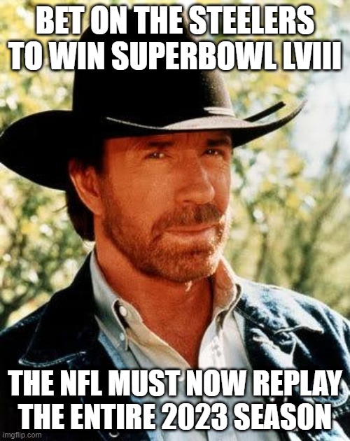 chuck Norris NFL | BET ON THE STEELERS TO WIN SUPERBOWL LVIII; THE NFL MUST NOW REPLAY THE ENTIRE 2023 SEASON | image tagged in memes,chuck norris | made w/ Imgflip meme maker