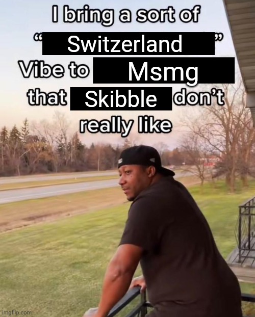 Basically I stay out of fights most of the time | Switzerland; Msmg; Skibble | image tagged in i bring a sort of x vibe to the y | made w/ Imgflip meme maker