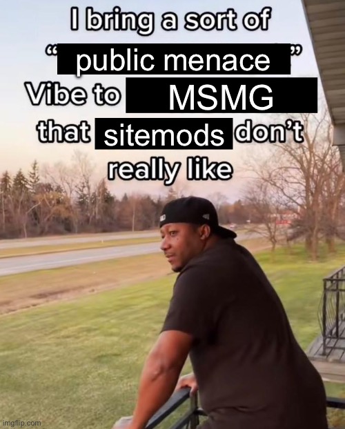 funny thing is i’ve never been banned like the goodie two shoes i am | public menace; MSMG; sitemods | image tagged in i bring a sort of x vibe to the y | made w/ Imgflip meme maker